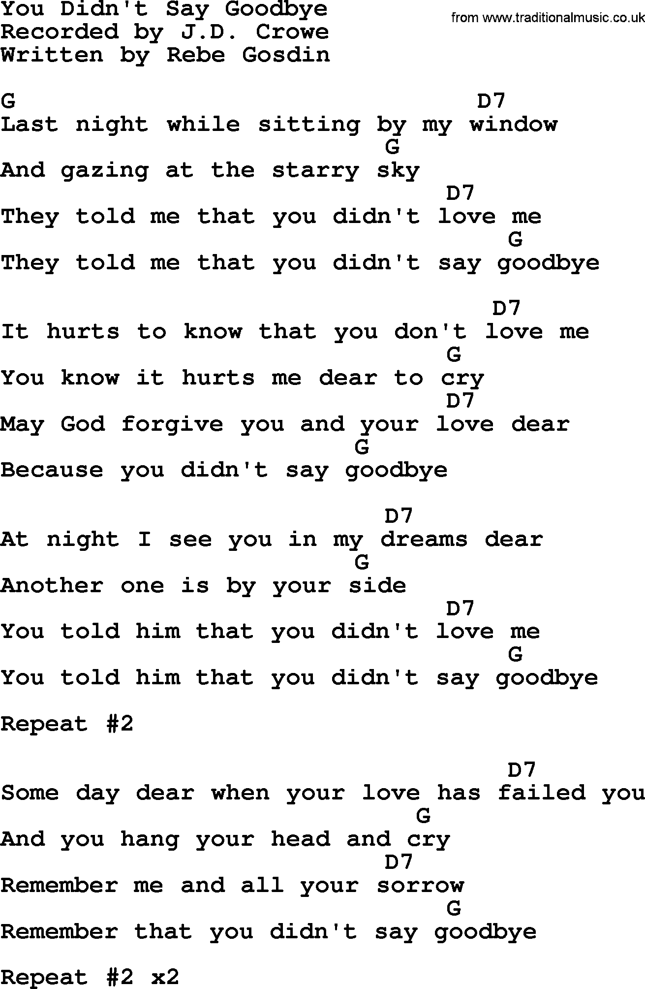 Bluegrass song: You Didn't Say Goodbye, lyrics and chords