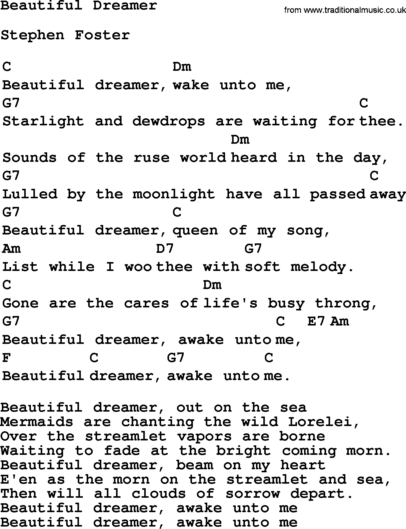 Top 1000 Most Popular Folk and Old-time Songs: Beautiful Dreamer, lyrics and chords