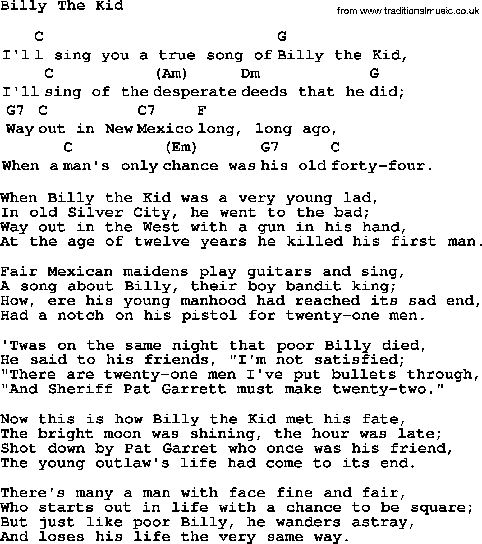 Top 1000 Most Popular Folk and Old-time Songs: Billy The Kid, lyrics and chords