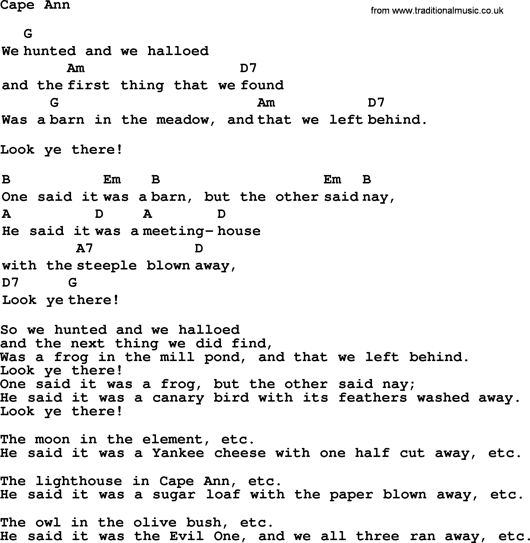 Top 1000 Most Popular Folk and Old-time Songs: Cape Ann, lyrics and chords