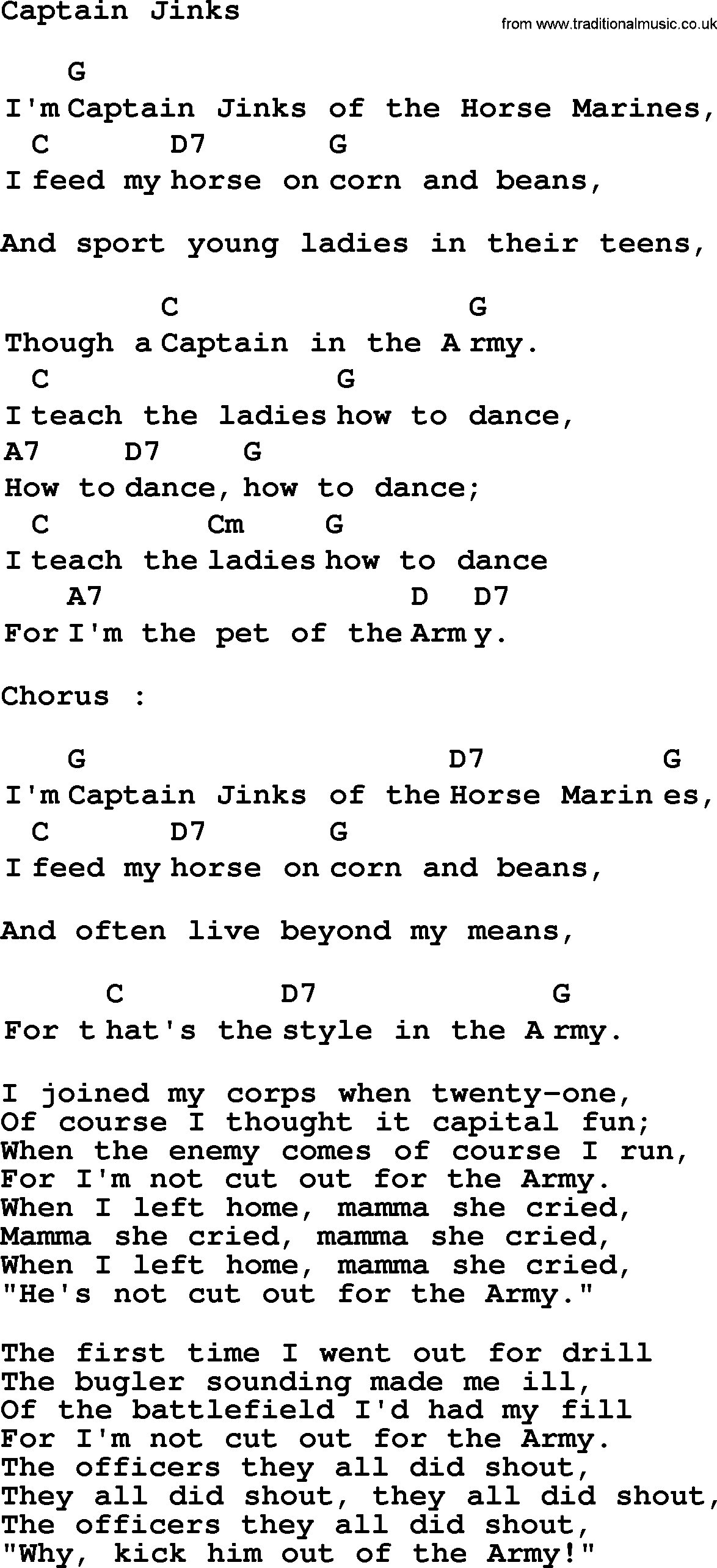 Top 1000 Most Popular Folk and Old-time Songs: Captain Jinks, lyrics and chords