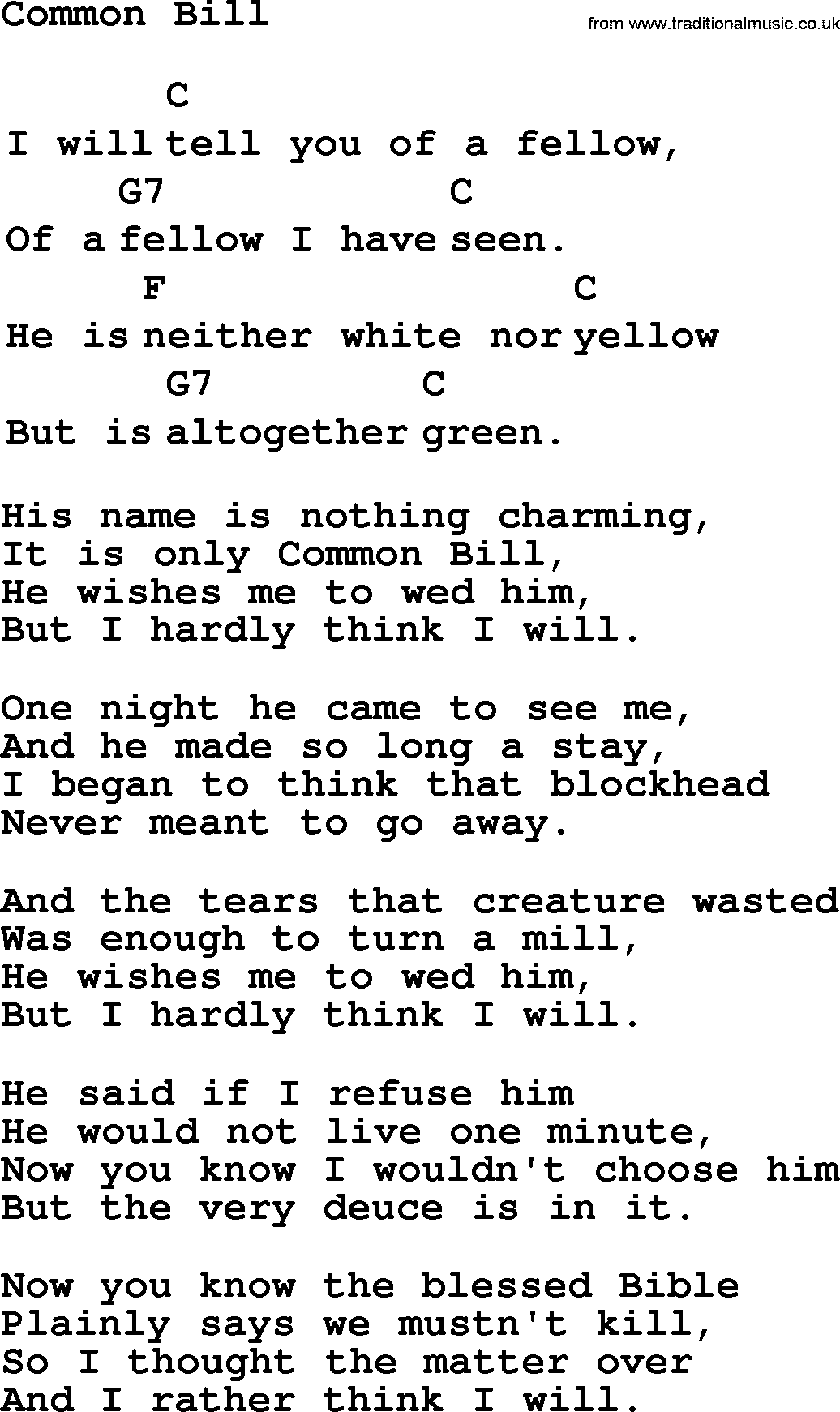 Top 1000 Most Popular Folk and Old-time Songs: Common Bill, lyrics and chords