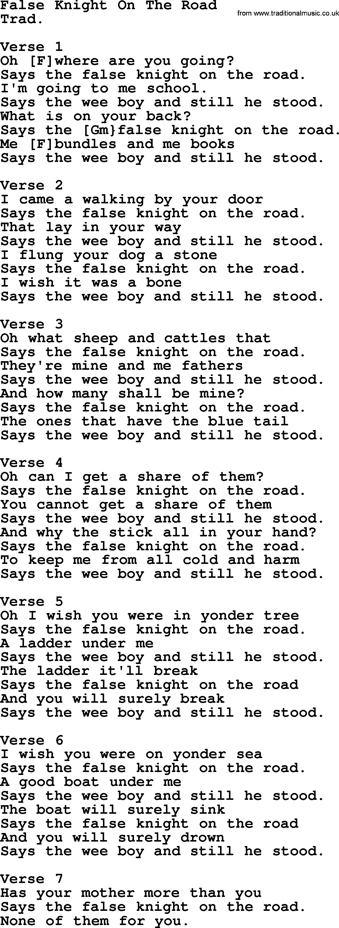 Top 1000 Most Popular Folk and Old-time Songs: False Knight On The Road, lyrics and chords