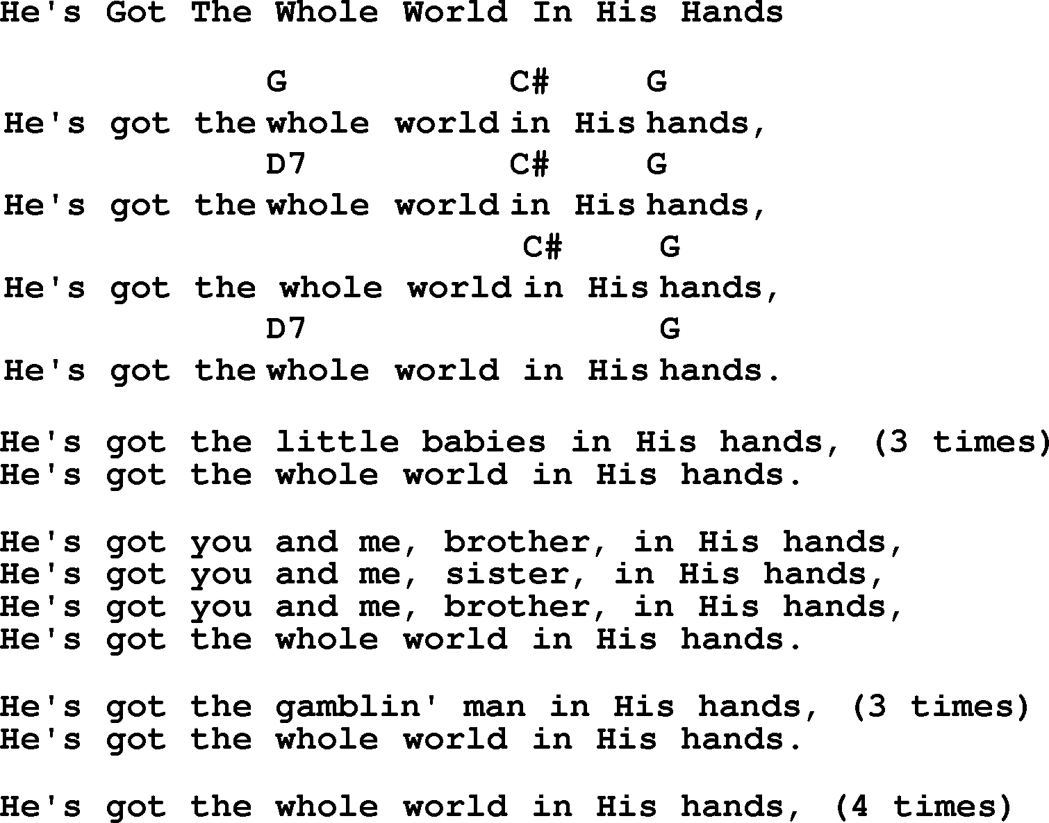 Top 1000 Most Popular Folk and Old-time Songs: Hes Got The Whole World In His Hands, lyrics and chords