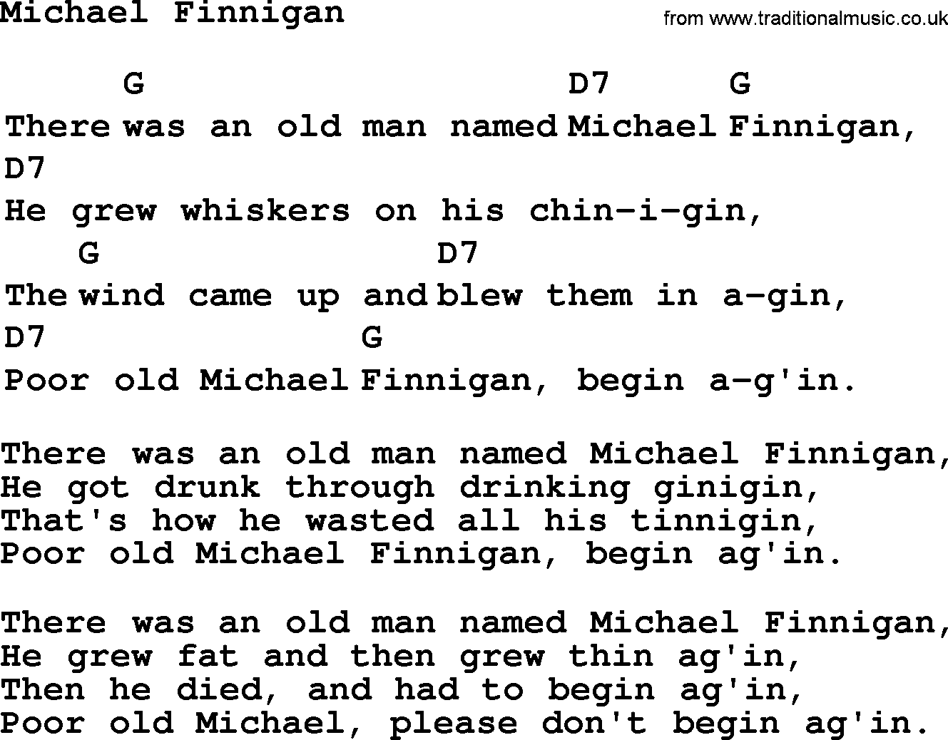 Top 1000 Most Popular Folk and Old-time Songs: Michael Finnigan, lyrics and chords
