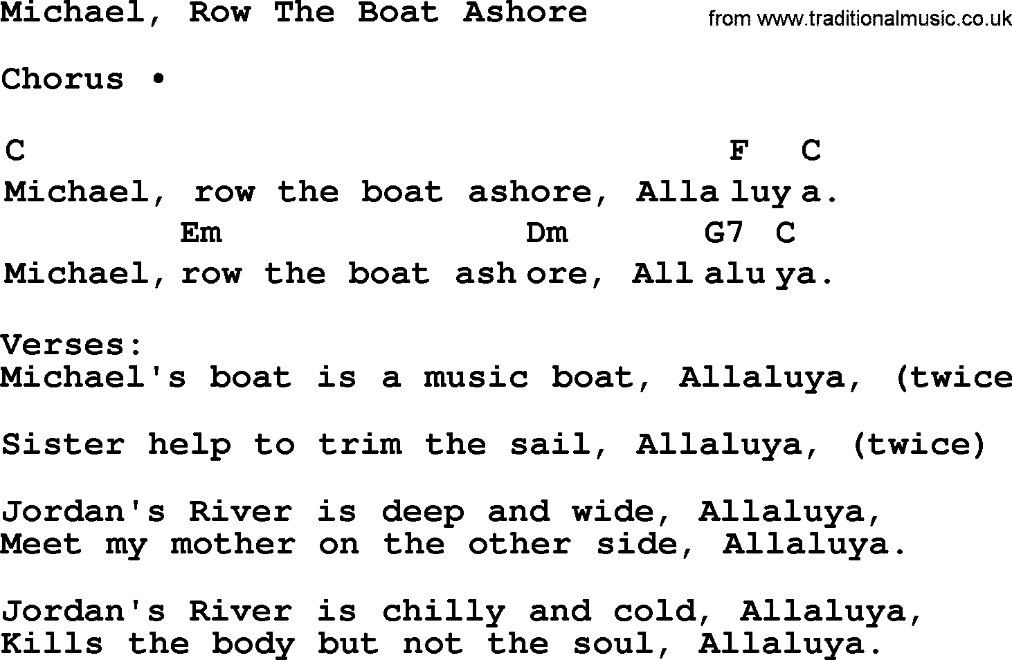 Top 1000 Most Popular Folk and Old-time Songs: Michael, Row The Boat Ashore, lyrics and chords