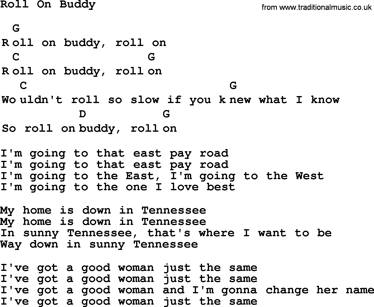 Top 1000 Most Popular Folk and Old-time Songs: Roll On Buddy, lyrics and chords