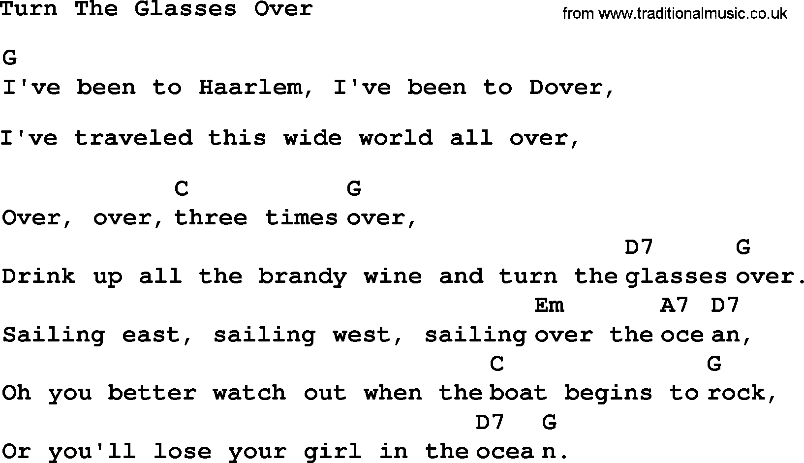 Top 1000 Most Popular Folk and Old-time Songs: Turn The Glasses Over, lyrics and chords