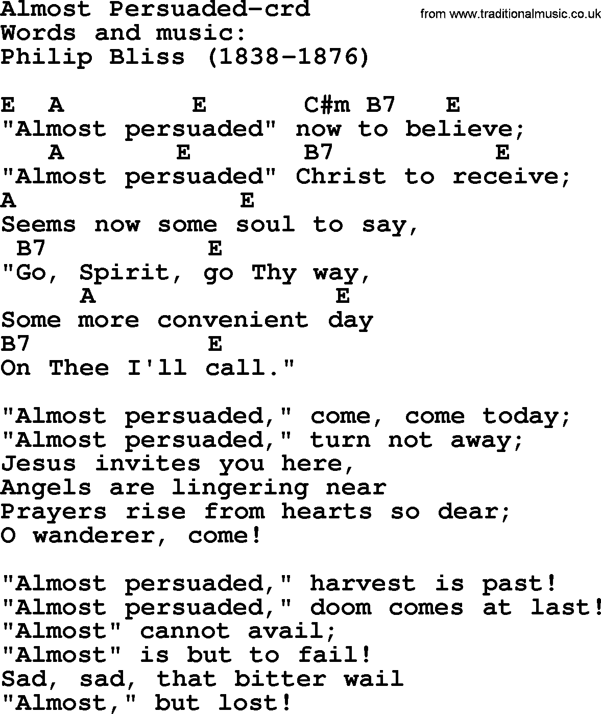 Top 500 Hymn: Almost Persuaded, lyrics and chords