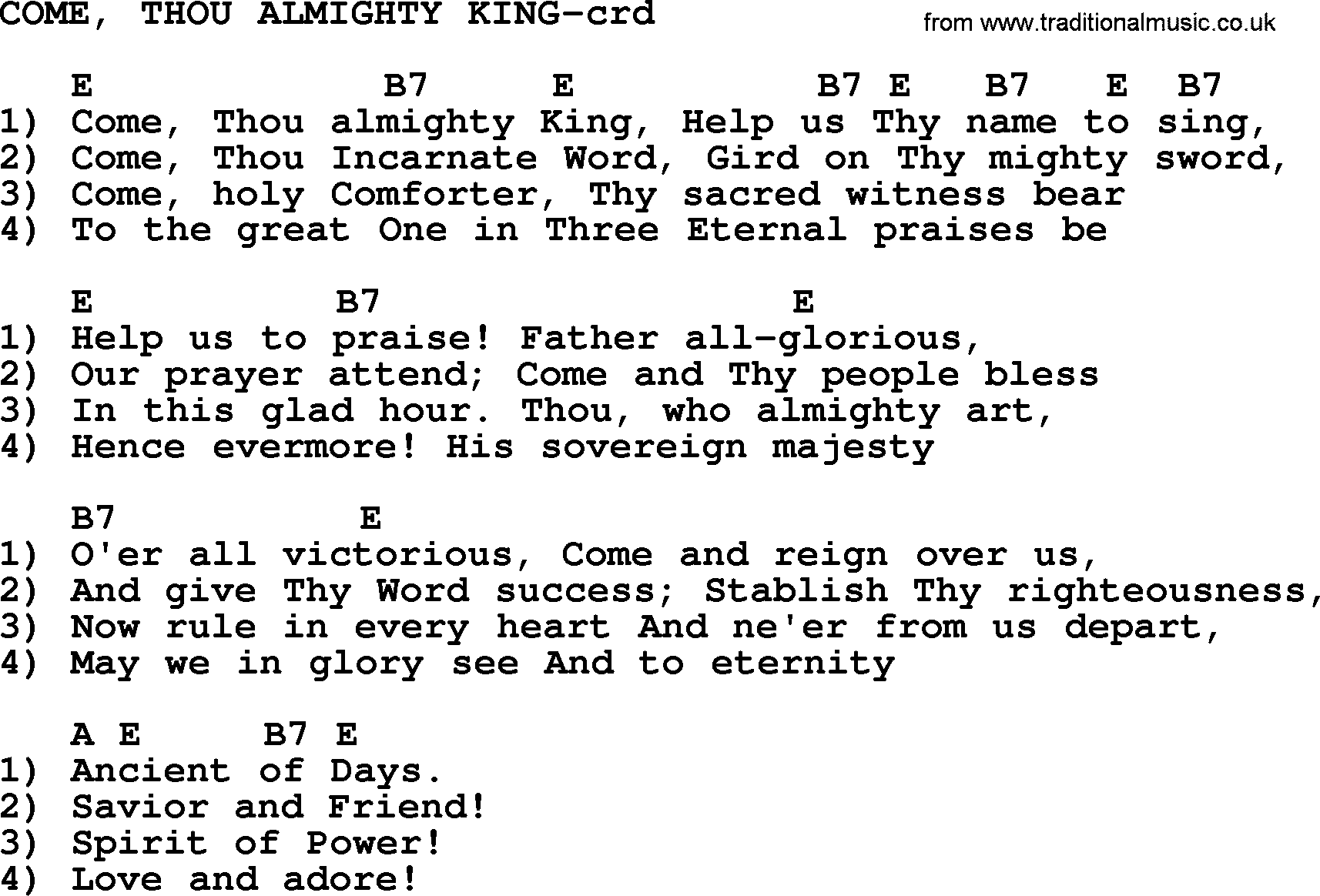 Top 500 Hymn: Come, Thou Almighty King, lyrics and chords