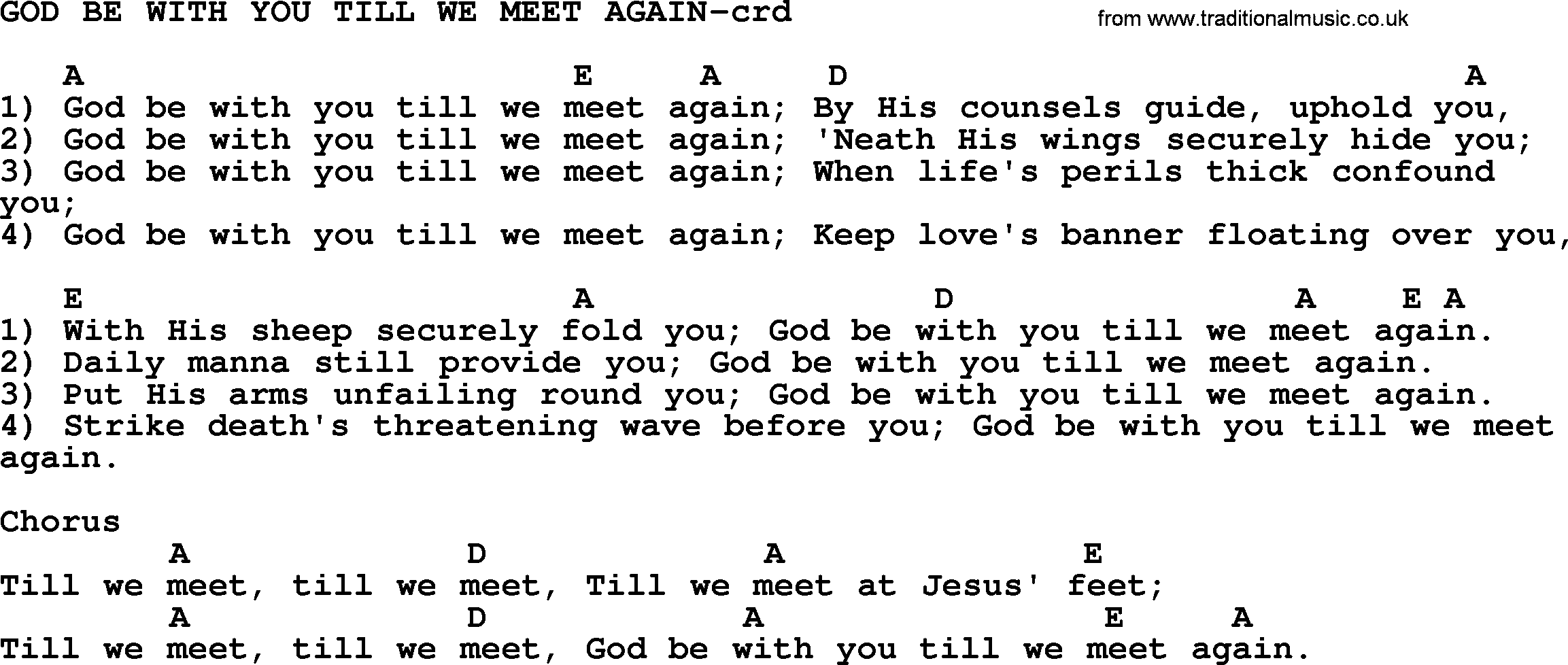 Top 500 Hymn: God Be With You Till We Meet Again, lyrics and chords