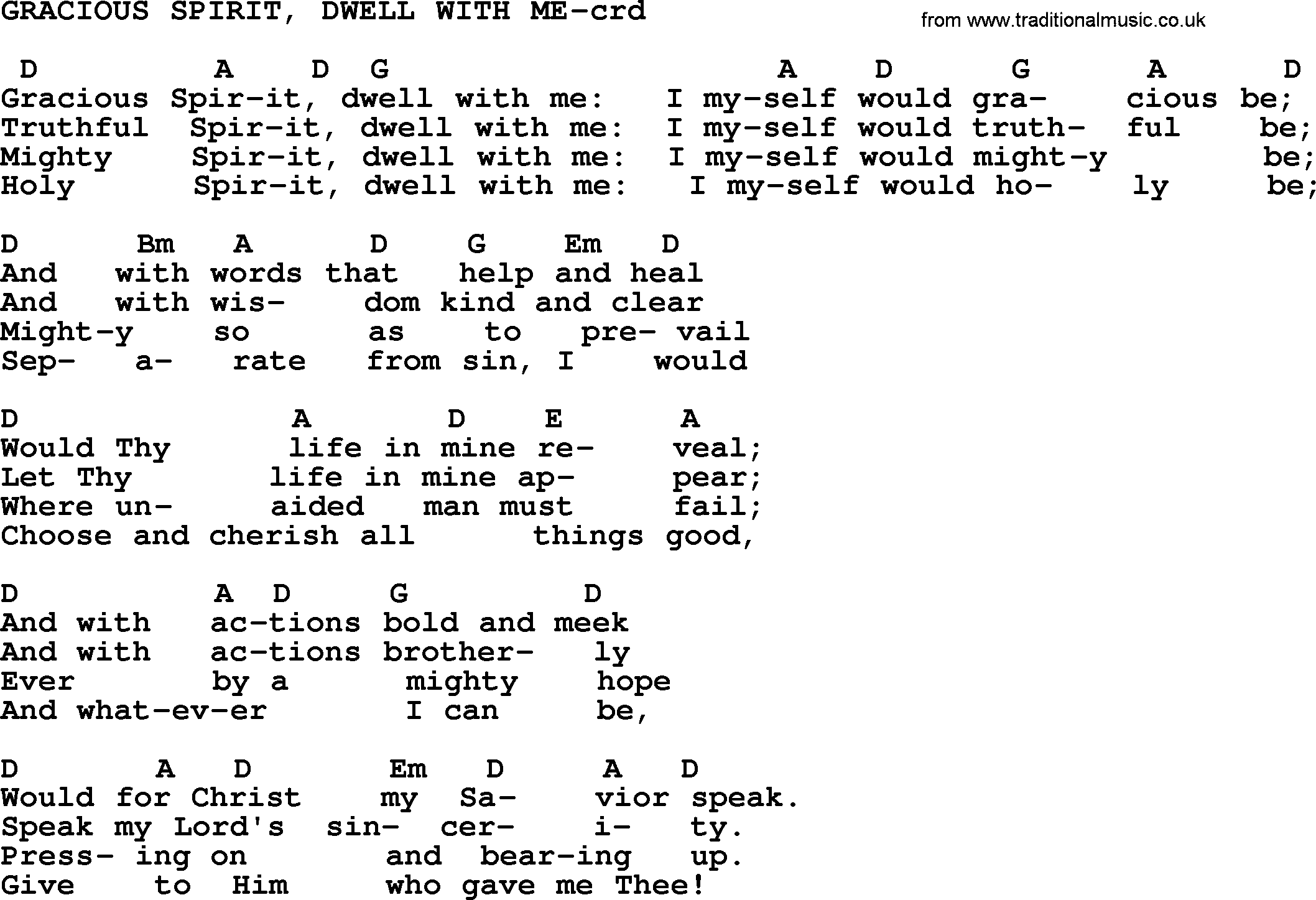 Top 500 Hymn: Gracious Spirit, Dwell With Me, lyrics and chords