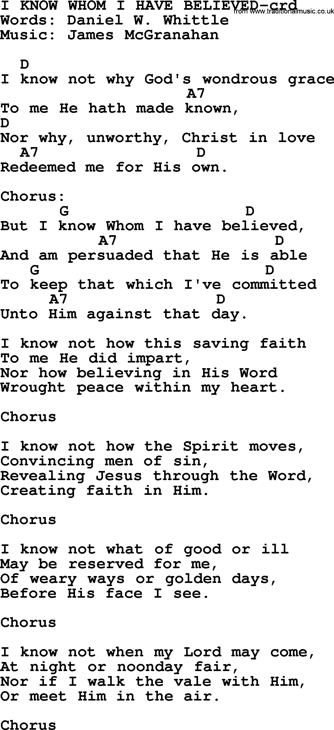 Top 500 Hymn: I Know Whom I Have Believed, lyrics and chords