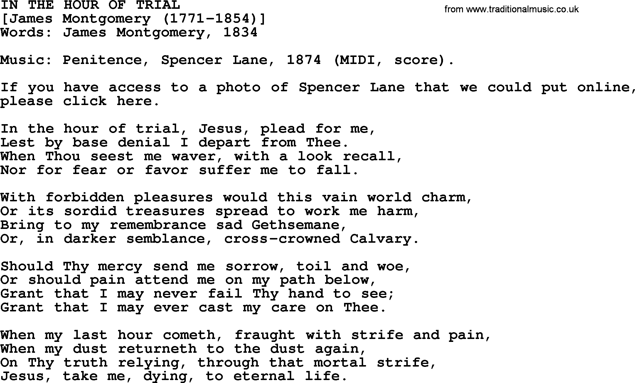 Top 500 Hymn: In The Hour Of Trial, lyrics