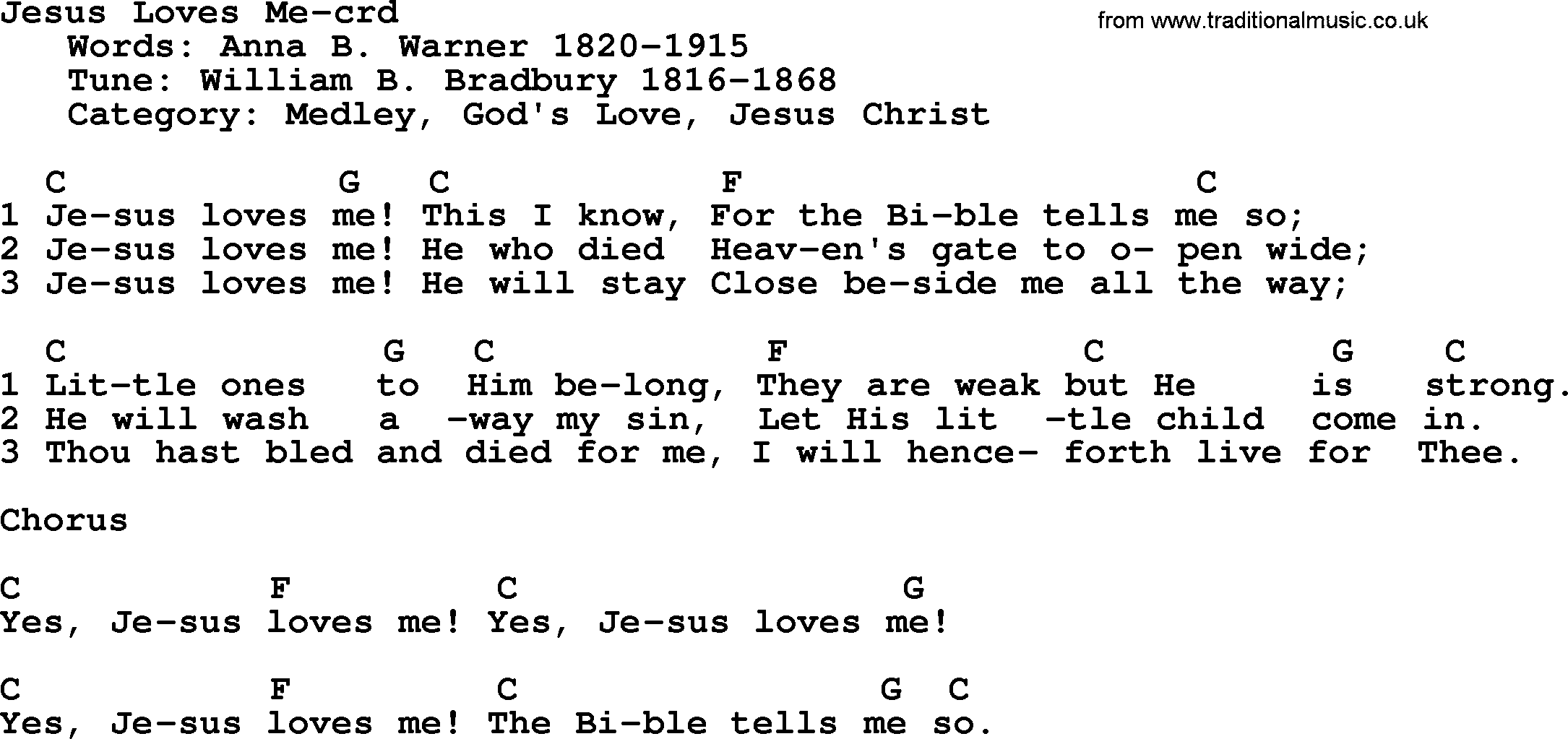 Top 500 Hymn: Jesus Loves Me, lyrics and chords