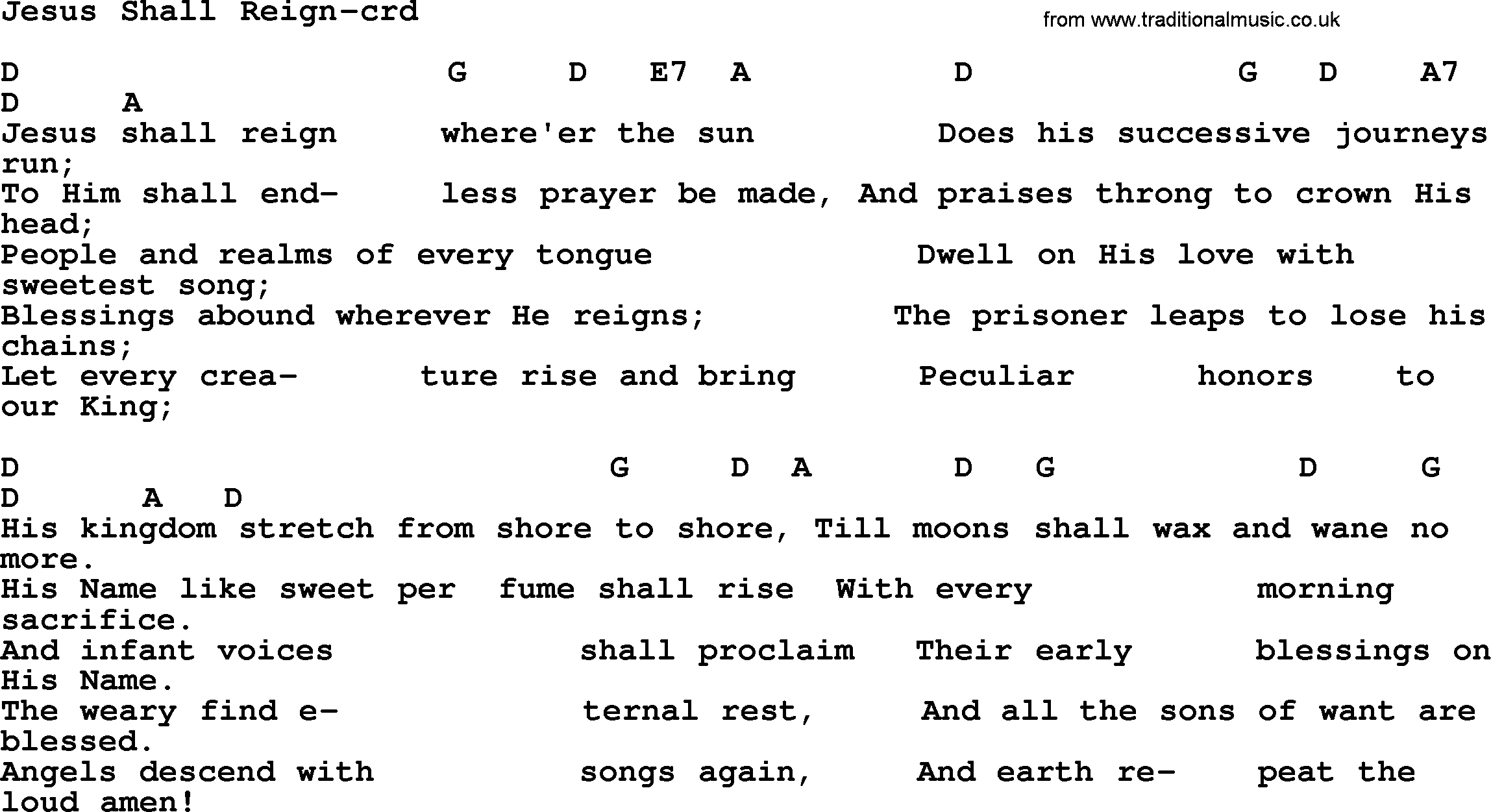 Top 500 Hymn: Jesus Shall Reign, lyrics and chords