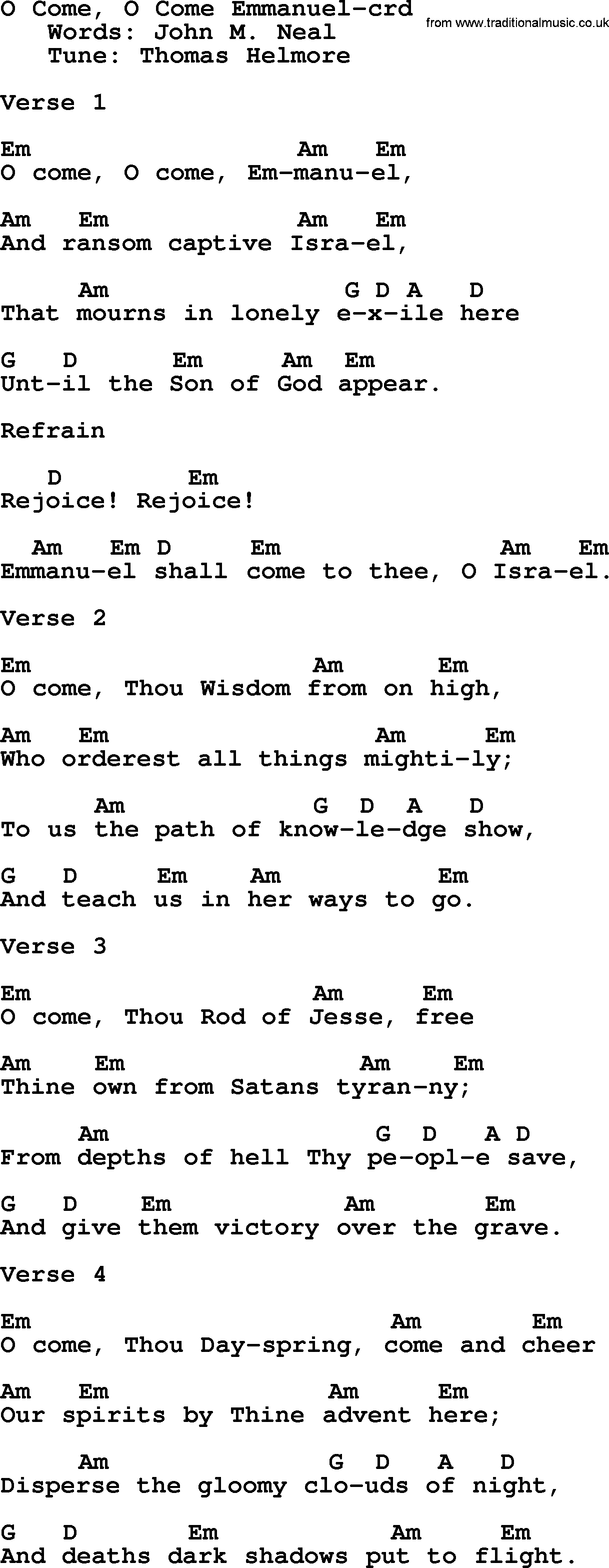Top 500 Hymn: O Come, O Come Emmanuel, lyrics and chords