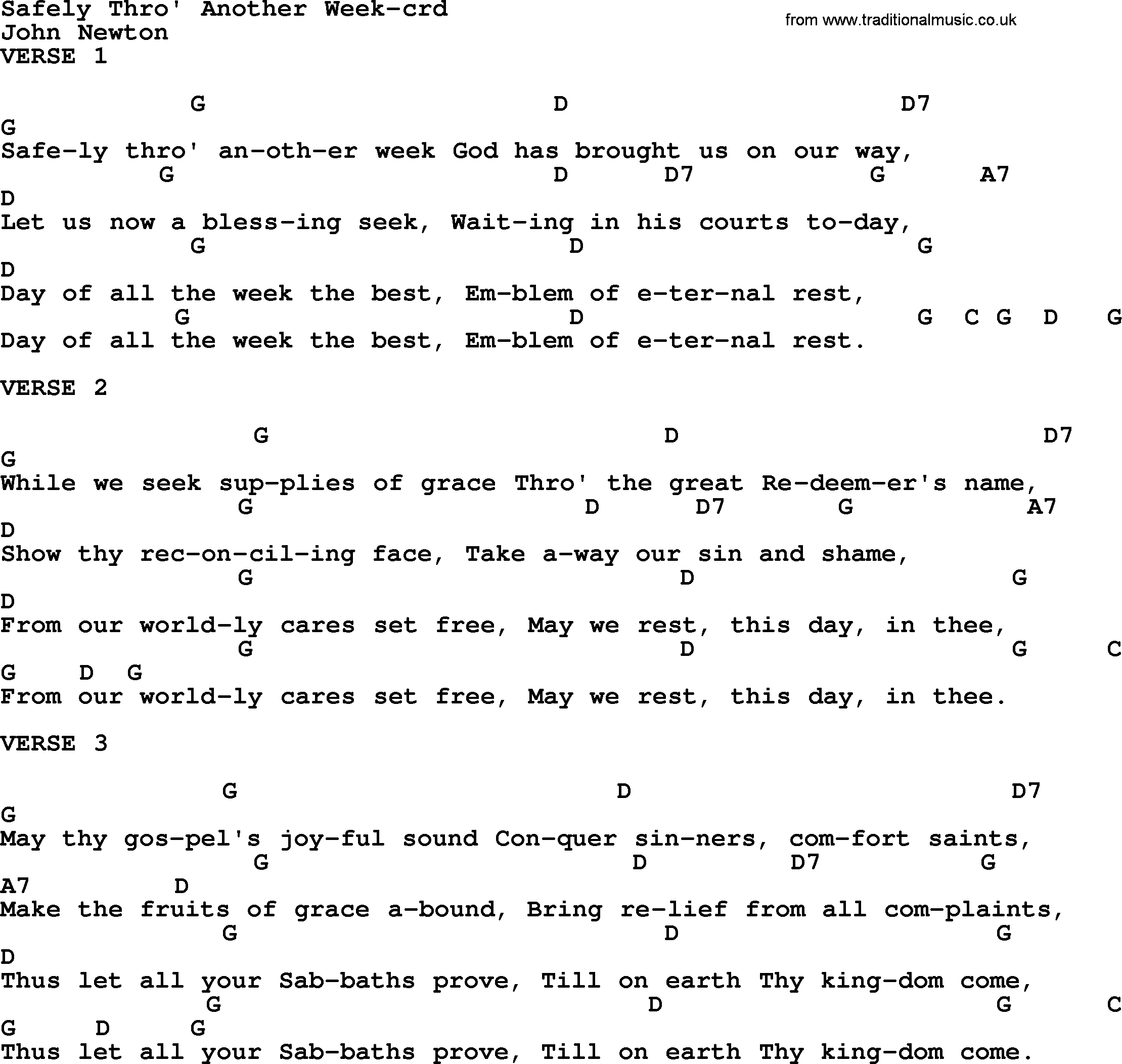 Top 500 Hymn: Safely Thro' Another Week, lyrics and chords