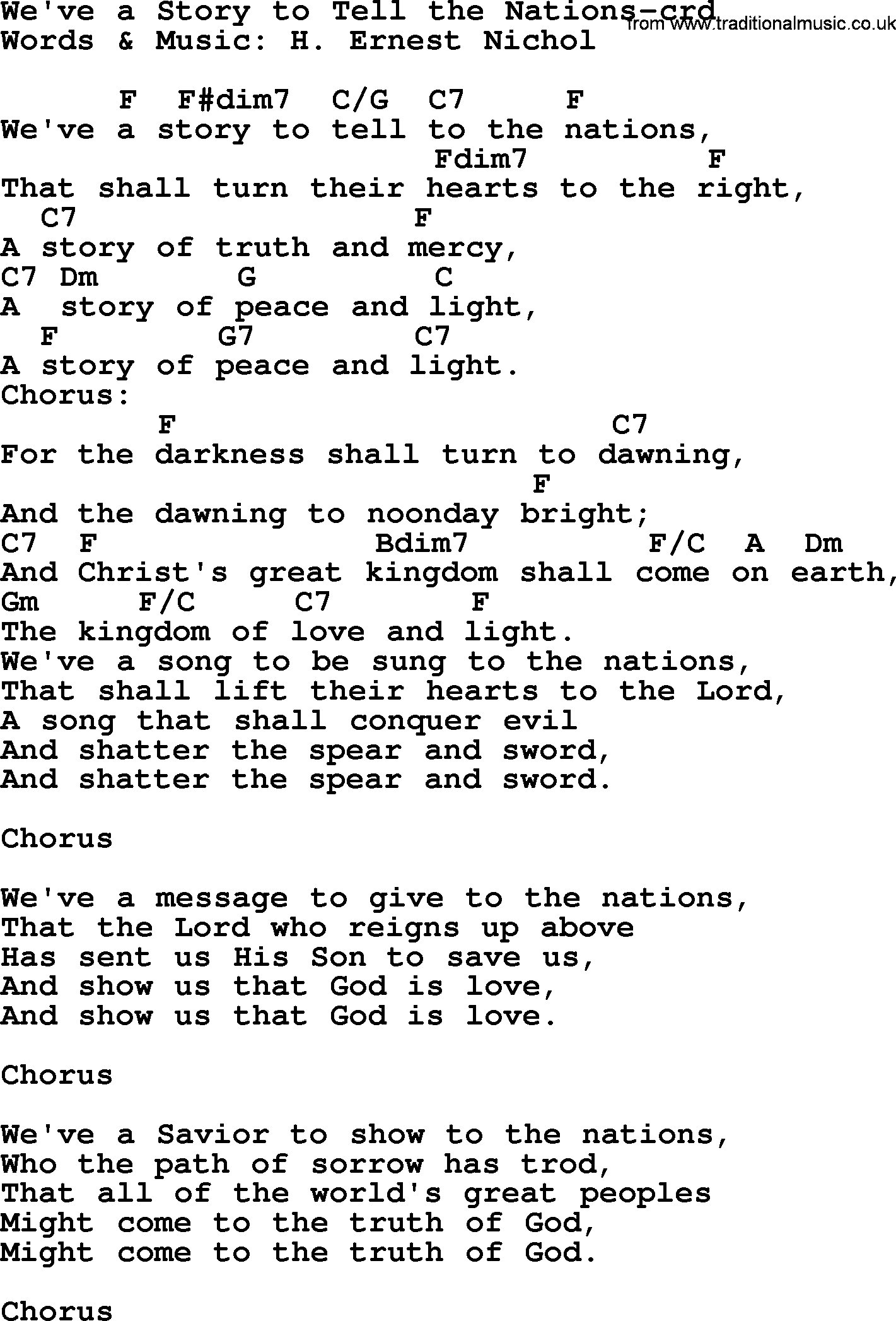 Top 500 Hymn: We've A Story To Tell The Nations, lyrics and chords