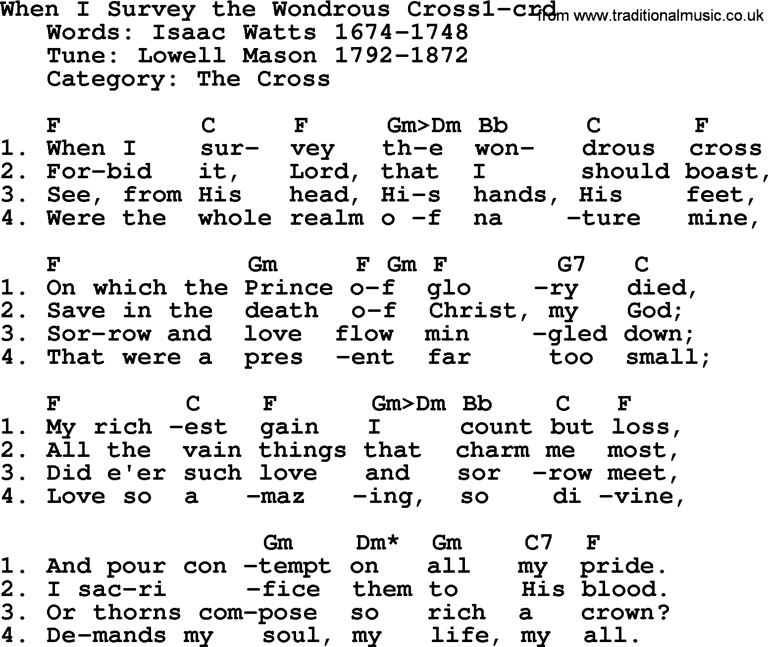 Top 500 Hymn: When I Survey The Wondrous Cross1, lyrics and chords