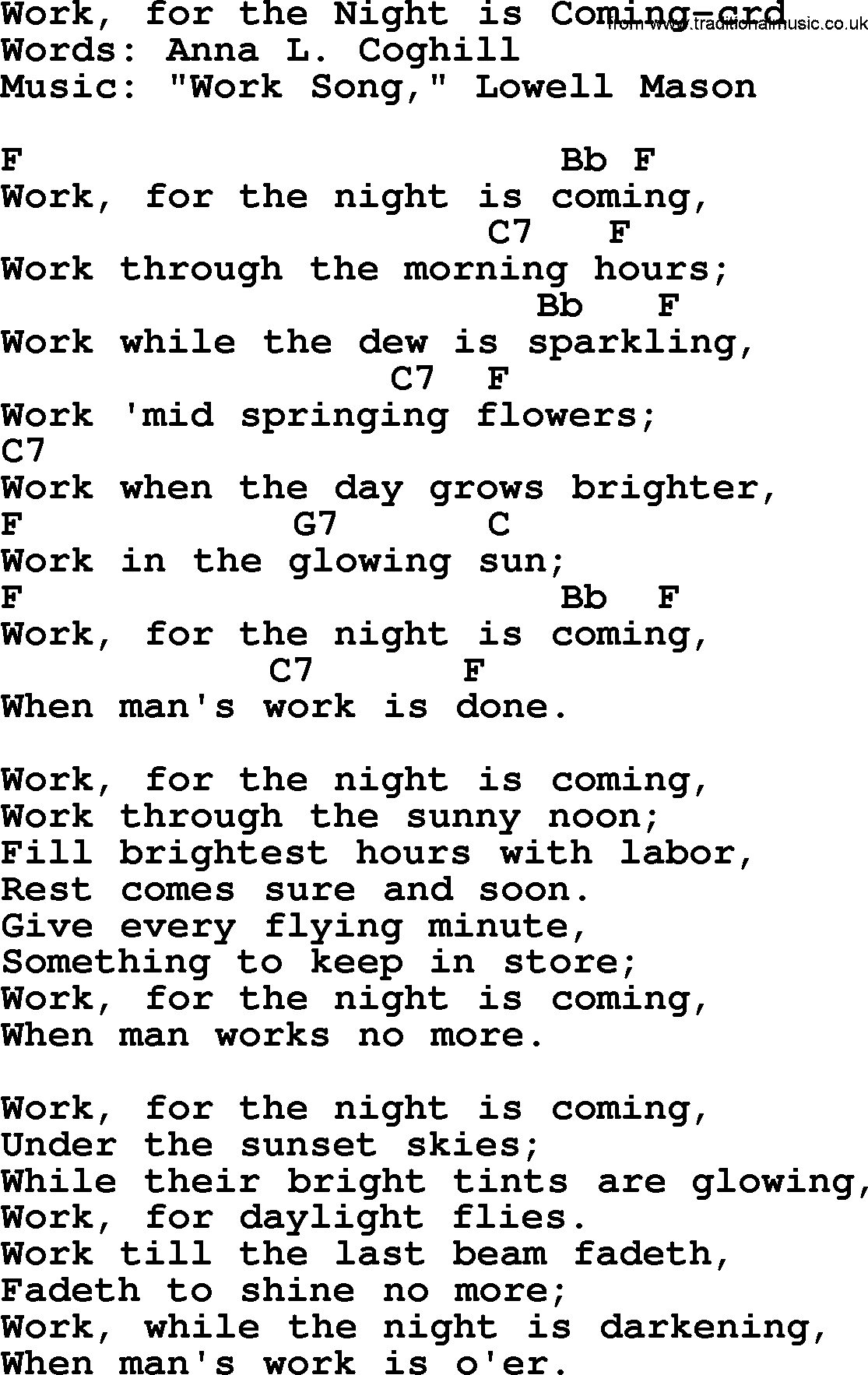 Top 500 Hymn: Work, For The Night Is Coming, lyrics and chords
