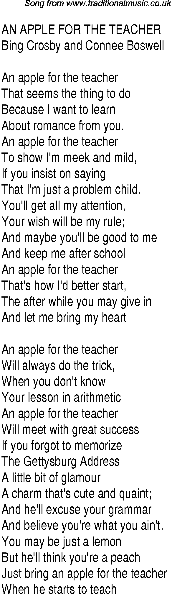 Music charts top songs 1939 - lyrics for An Apple For The Teacher