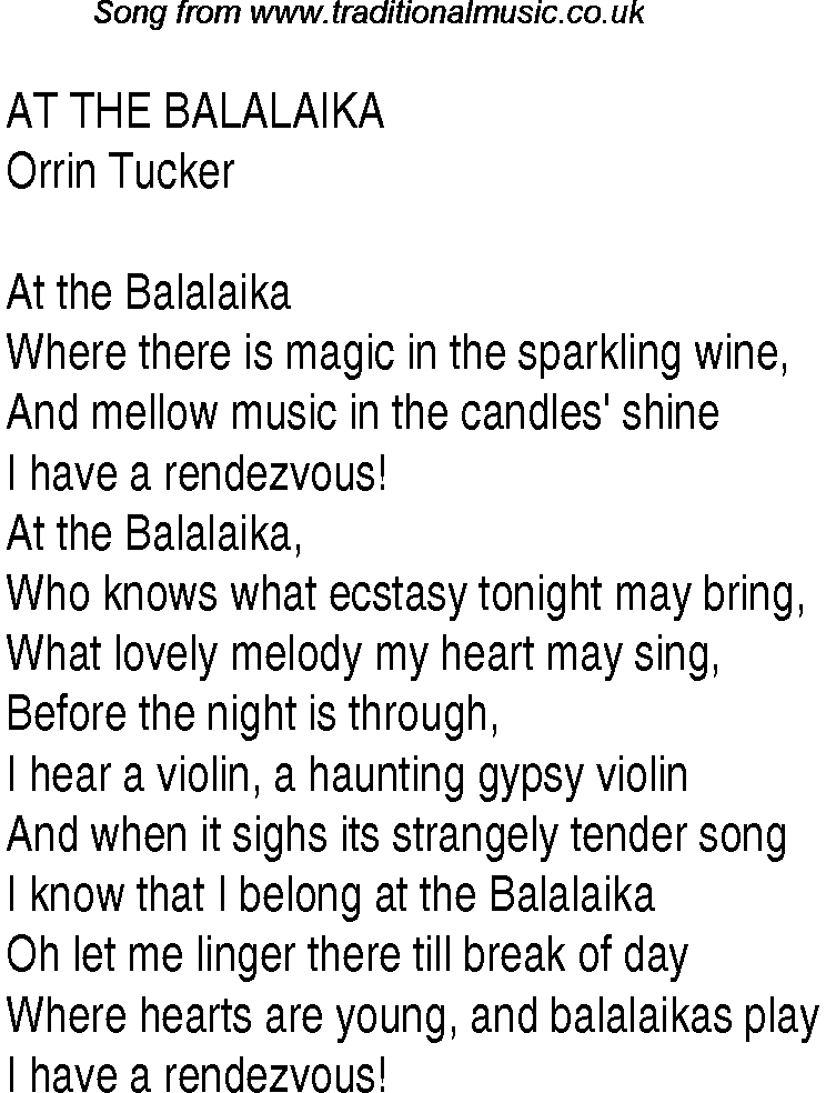 Music charts top songs 1940 - lyrics for At The Balalaika