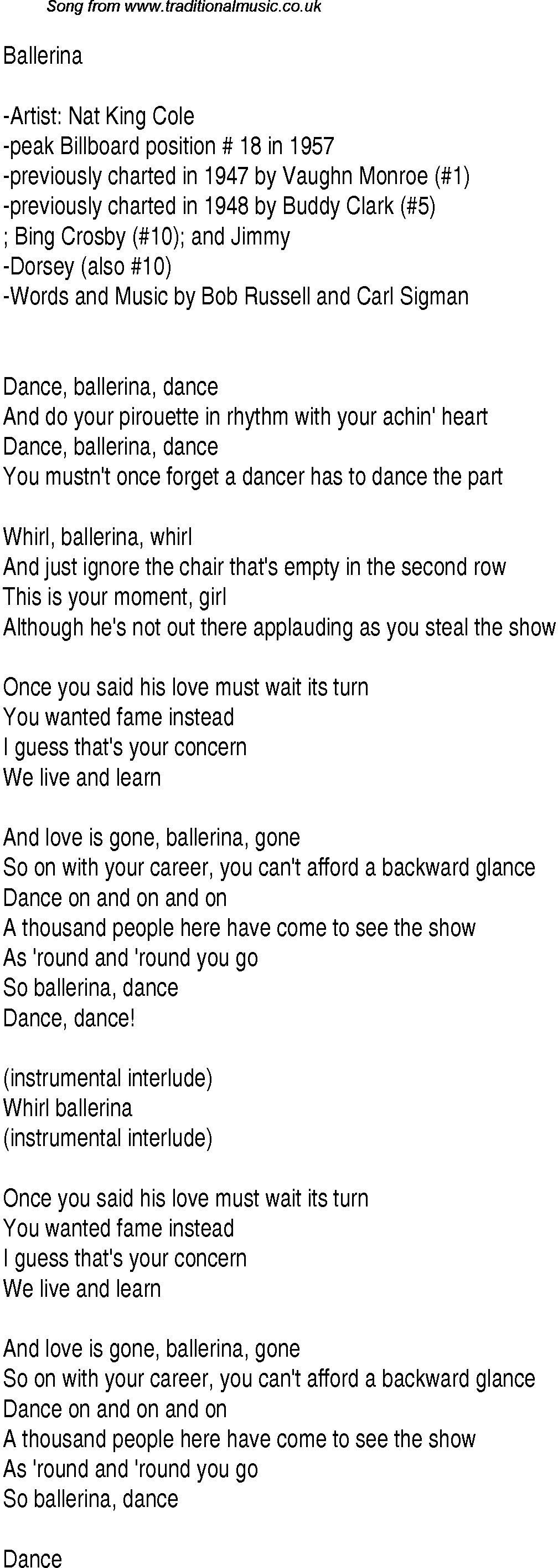 Music charts top songs 1947 - lyrics for Ballerina