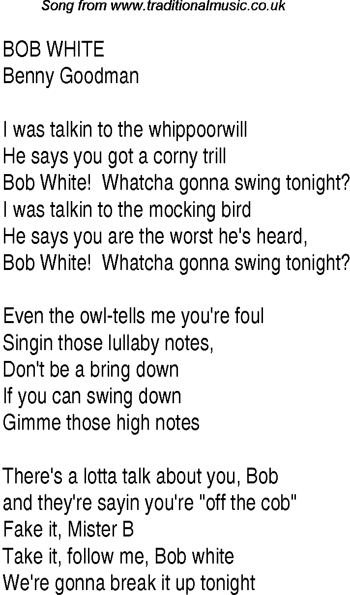 Music charts top songs 1937 - lyrics for Bob White