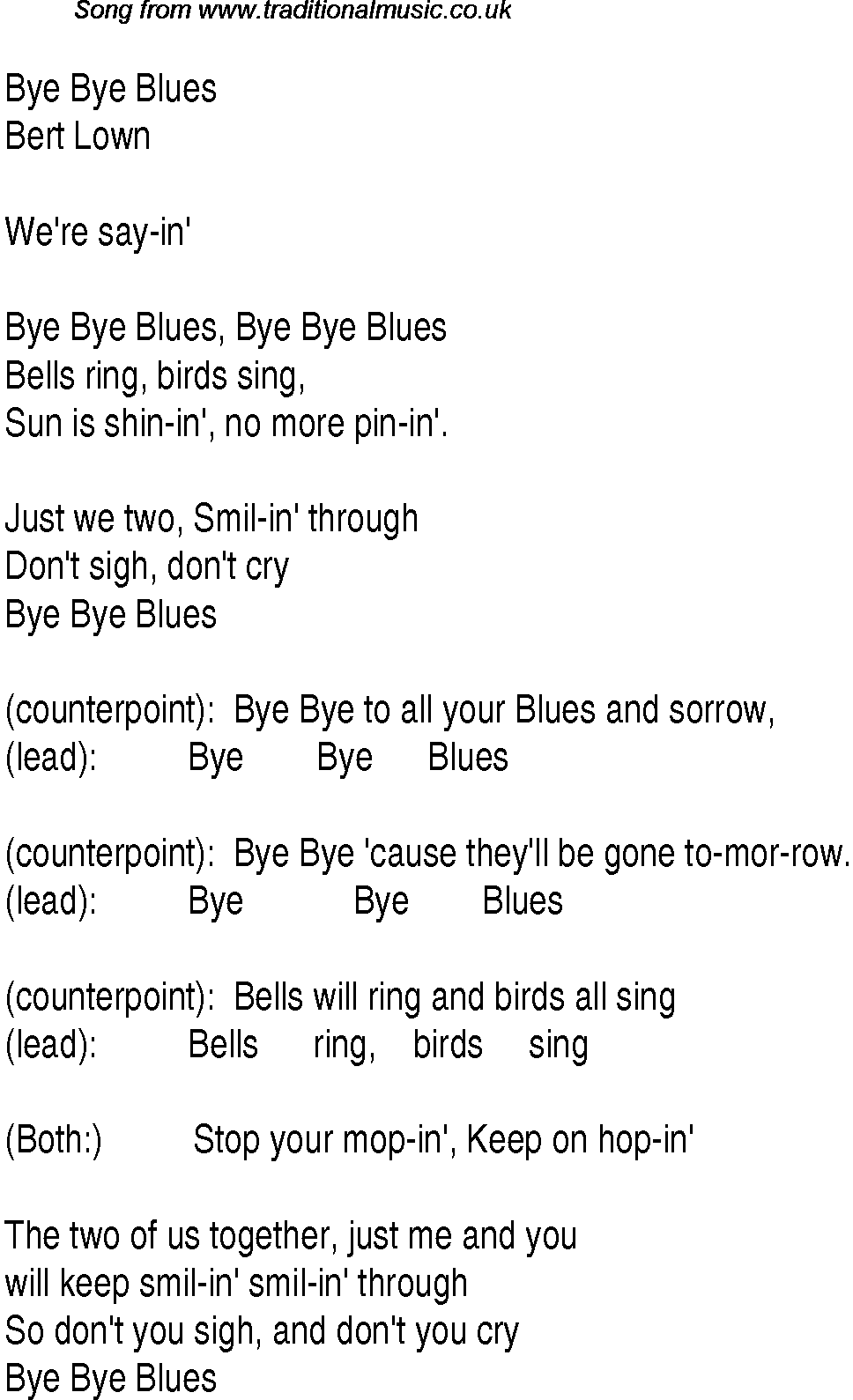 Music charts top songs 1930 - lyrics for Bye Bye Blues