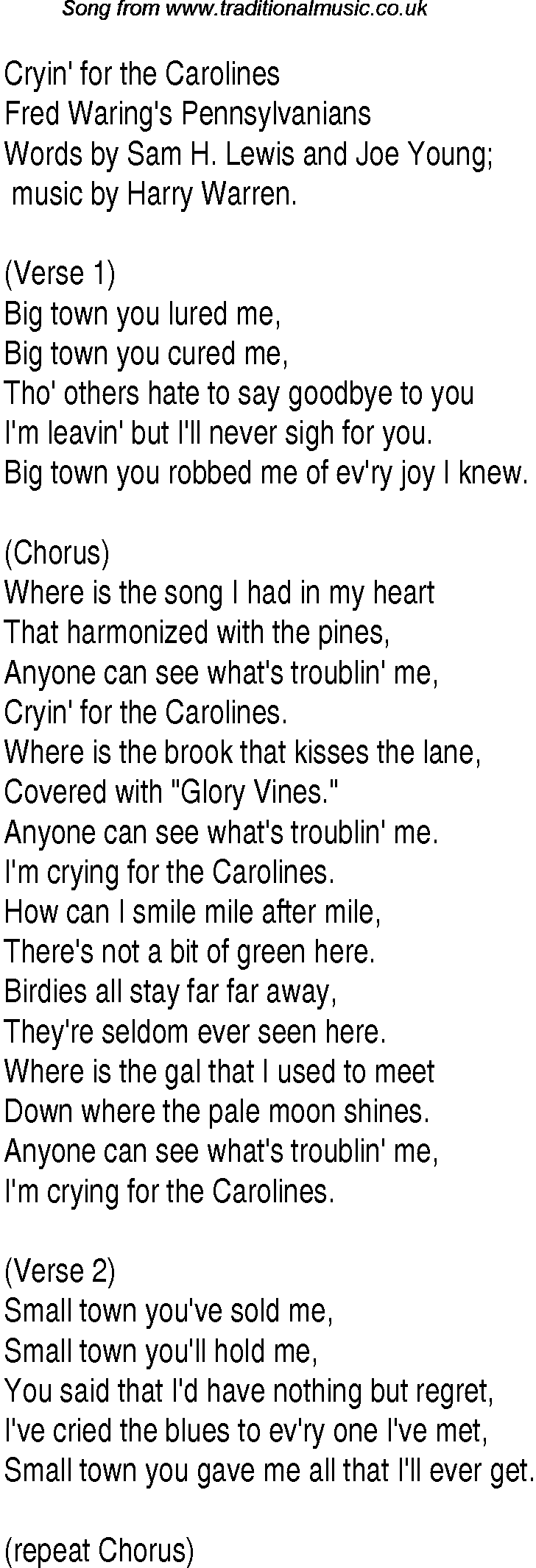 Music charts top songs 1930 - lyrics for Cryin For The Carolines