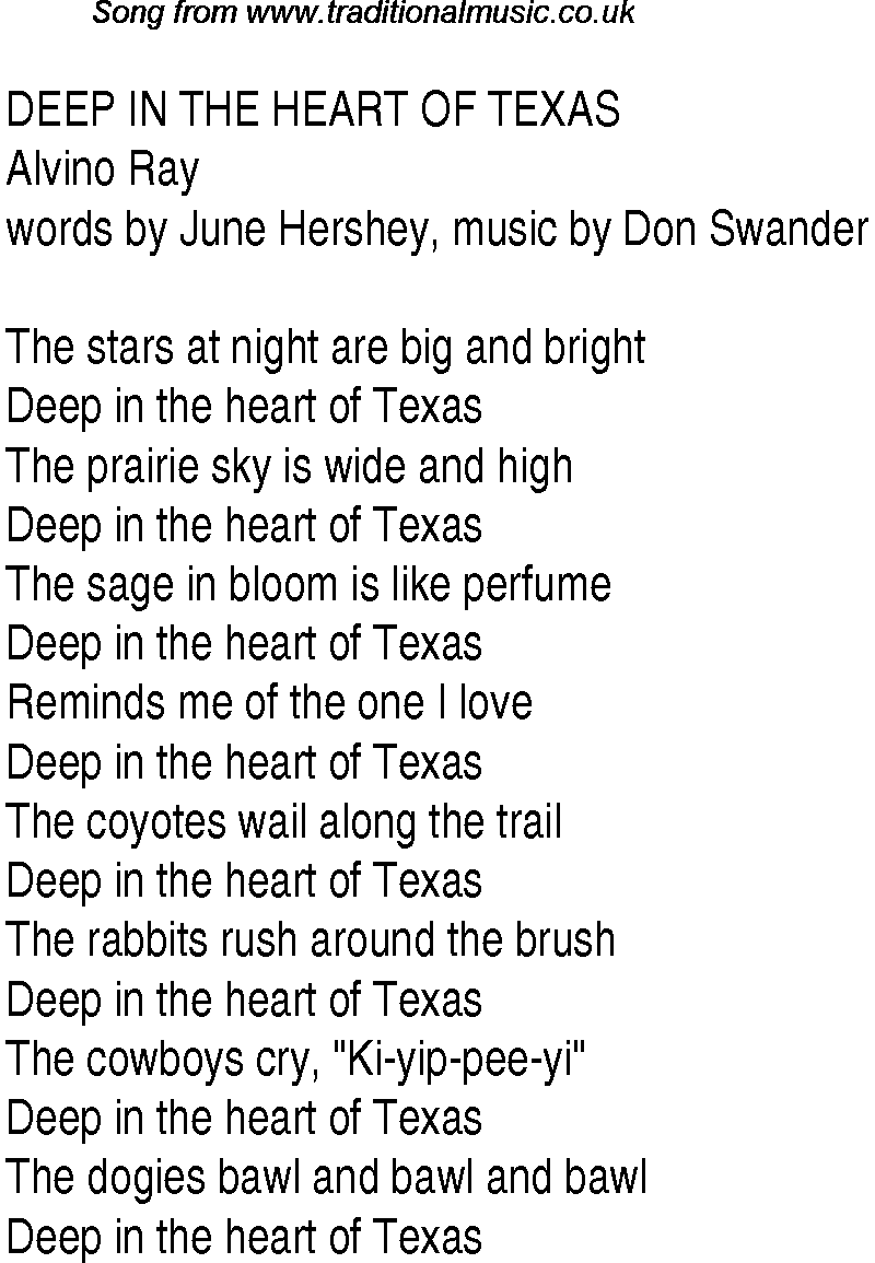 Music charts top songs 1942 - lyrics for Deep In The Heart Of Texas