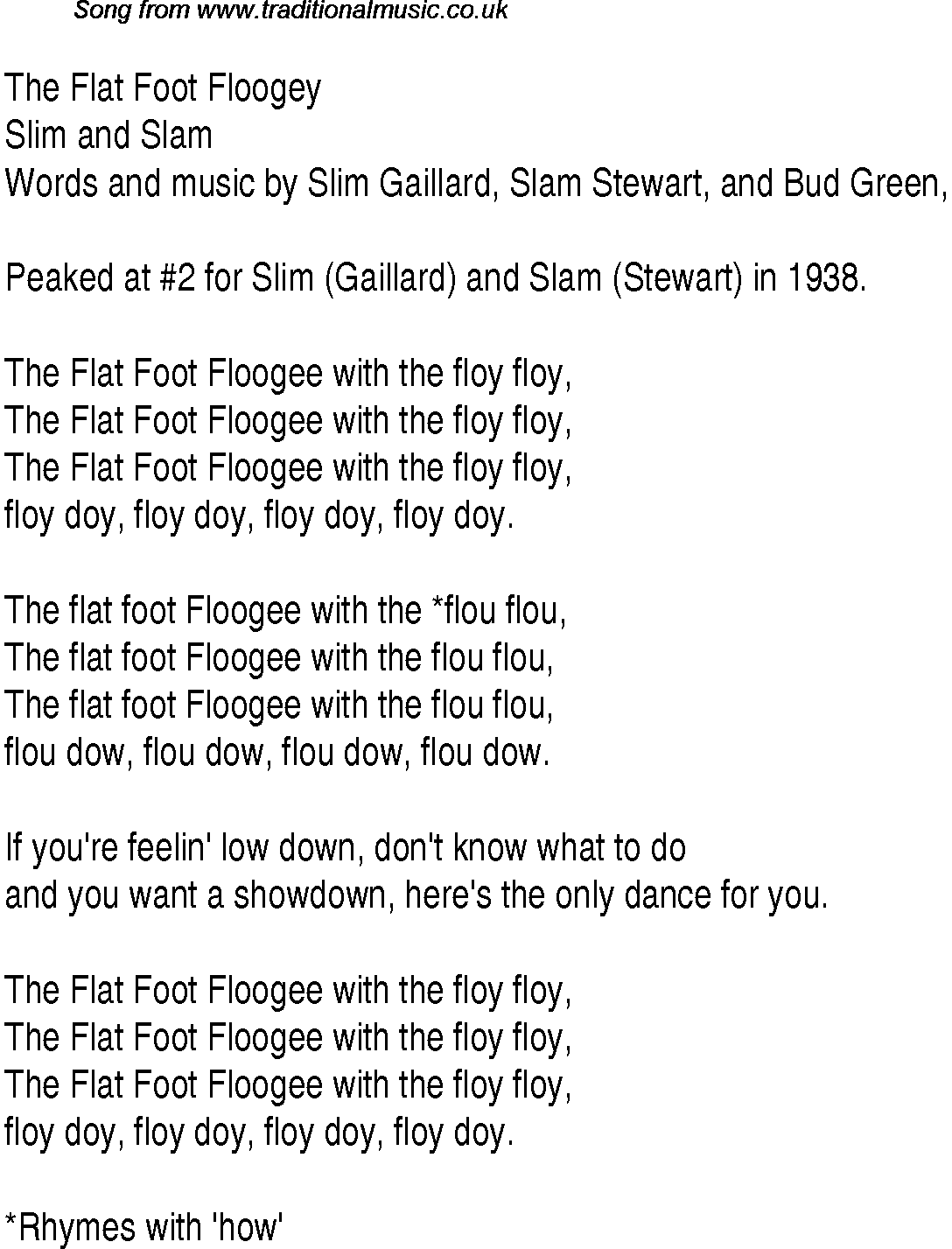Music charts top songs 1938 - lyrics for Flat Foot Floogey