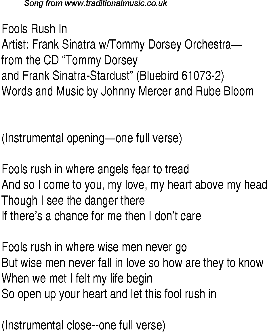 Music charts top songs 1940 - lyrics for Fools Rush Ingm