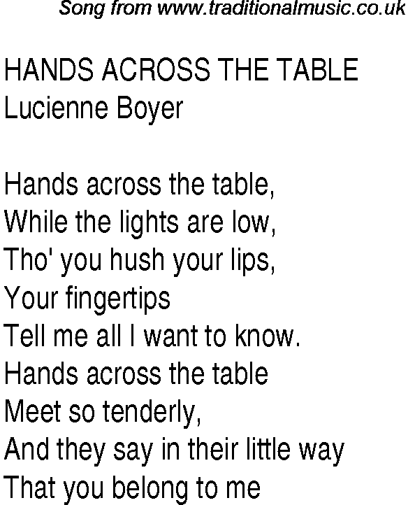 Music charts top songs 1934 - lyrics for Hands Across The Table
