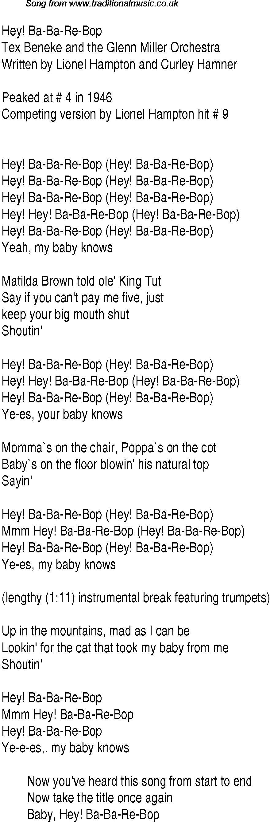 Music charts top songs 1946 - lyrics for Hey Ba Ba Re Bop