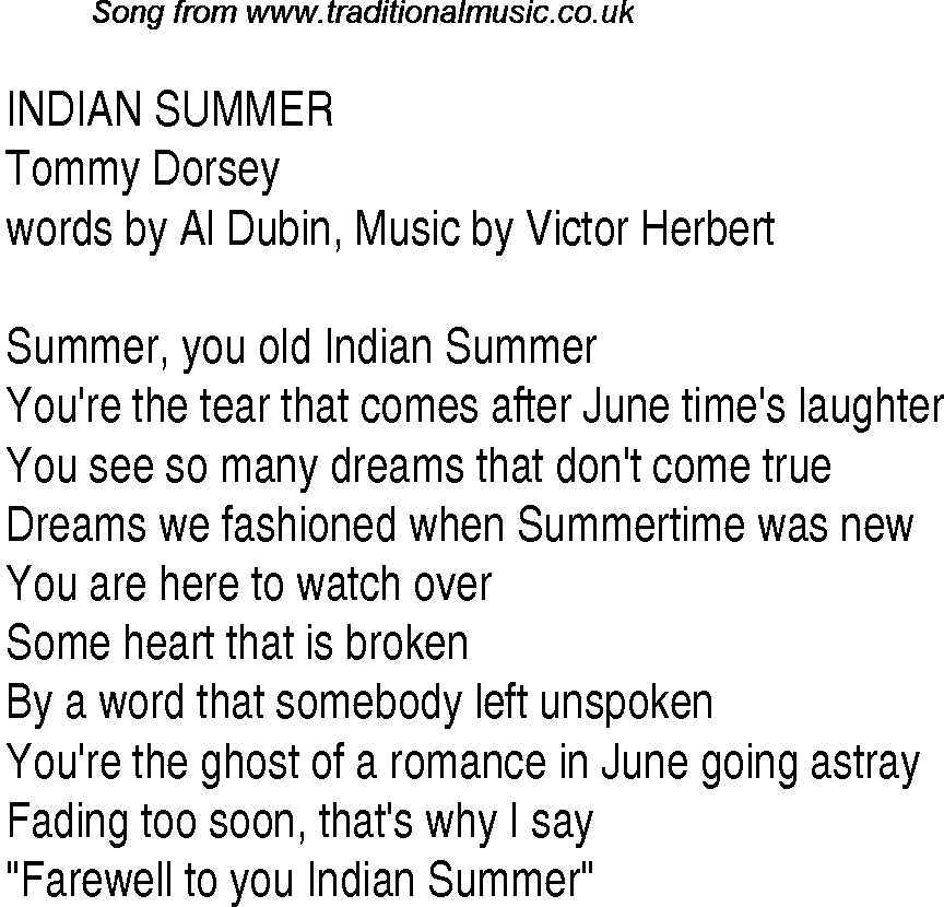 Music charts top songs 1940 - lyrics for Indian Summer