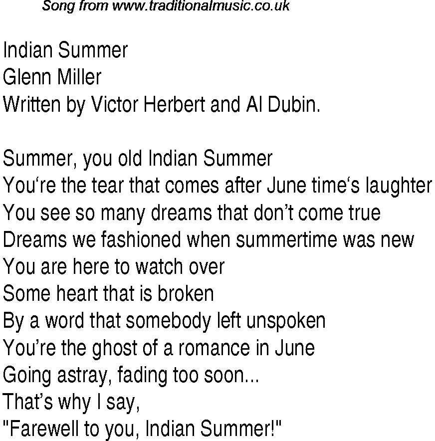 Music charts top songs 1940 - lyrics for Indian Summergm