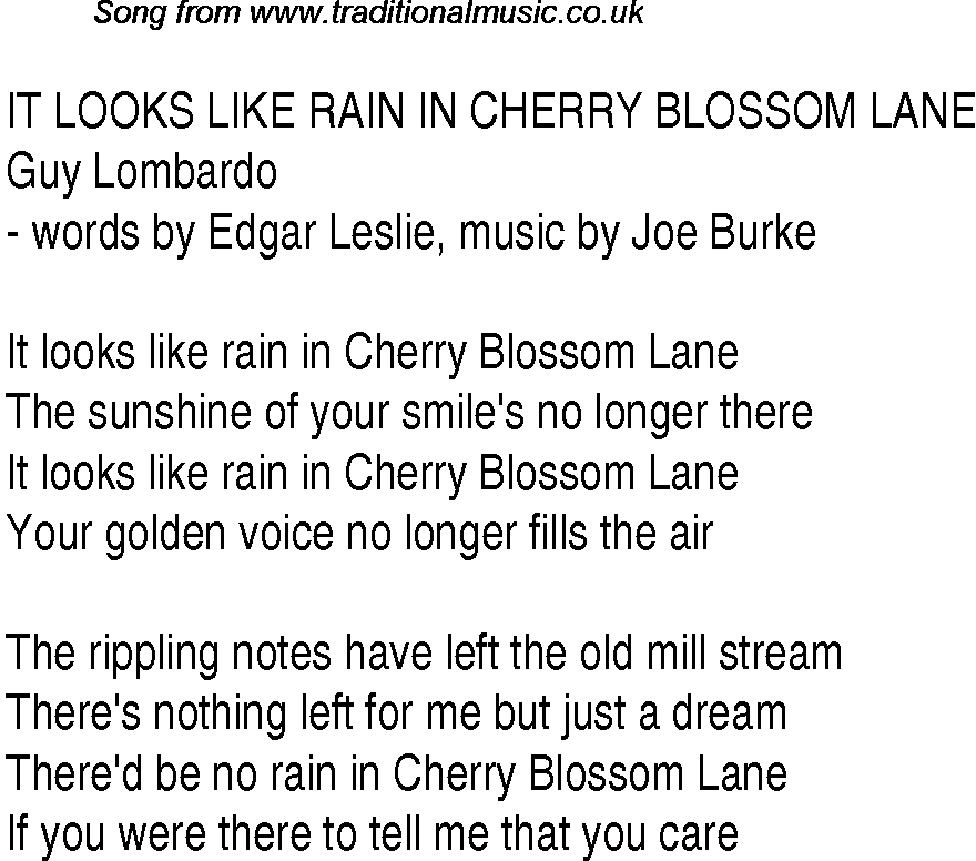 Music charts top songs 1937 - lyrics for It Looks Like Rain In Cherry Blossom Lane