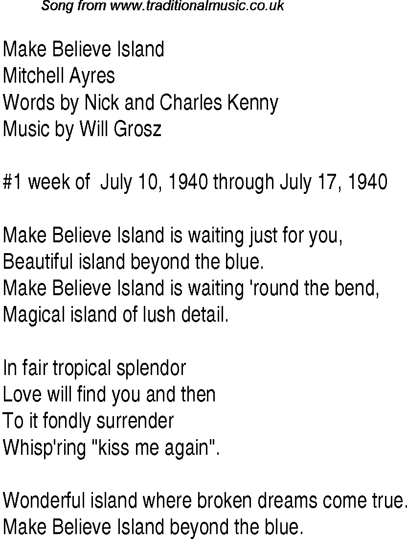 Music charts top songs 1940 - lyrics for Make Believe Island