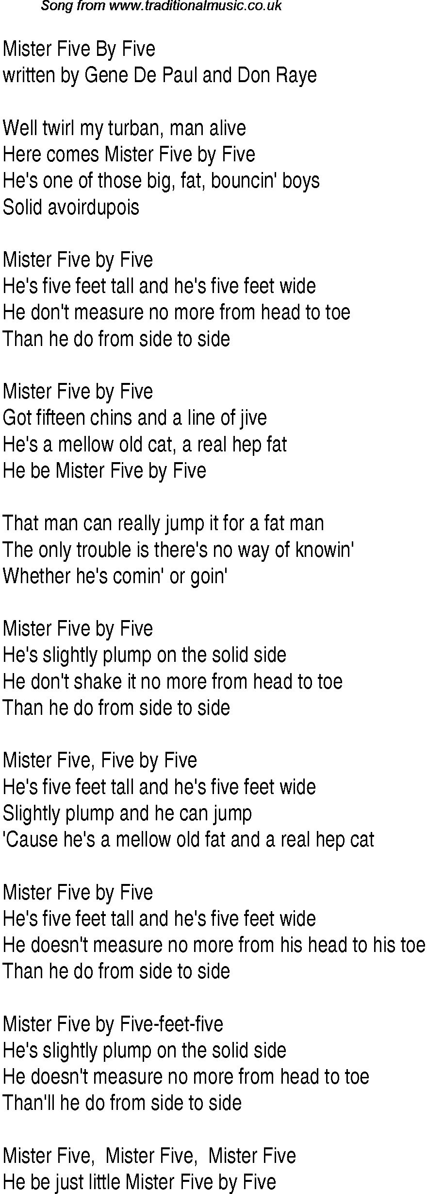 Music charts top songs 1943 - lyrics for Mister Five By Five