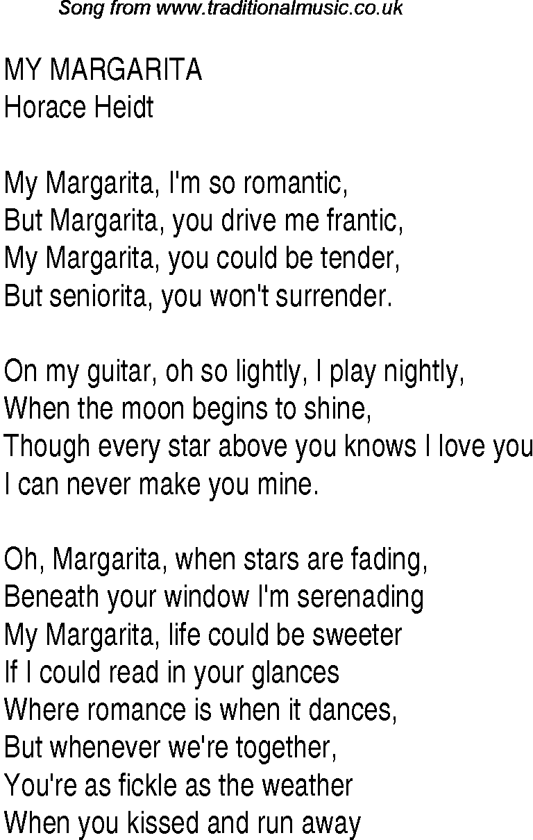 Music charts top songs 1938 - lyrics for My Margarita