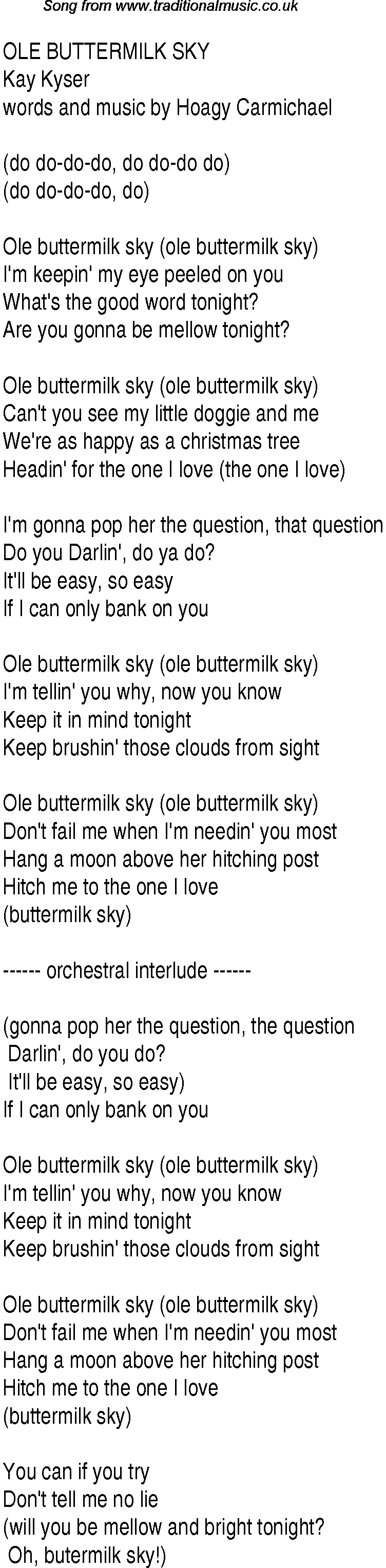 Music charts top songs 1946 - lyrics for Ole Buttermilk Sky