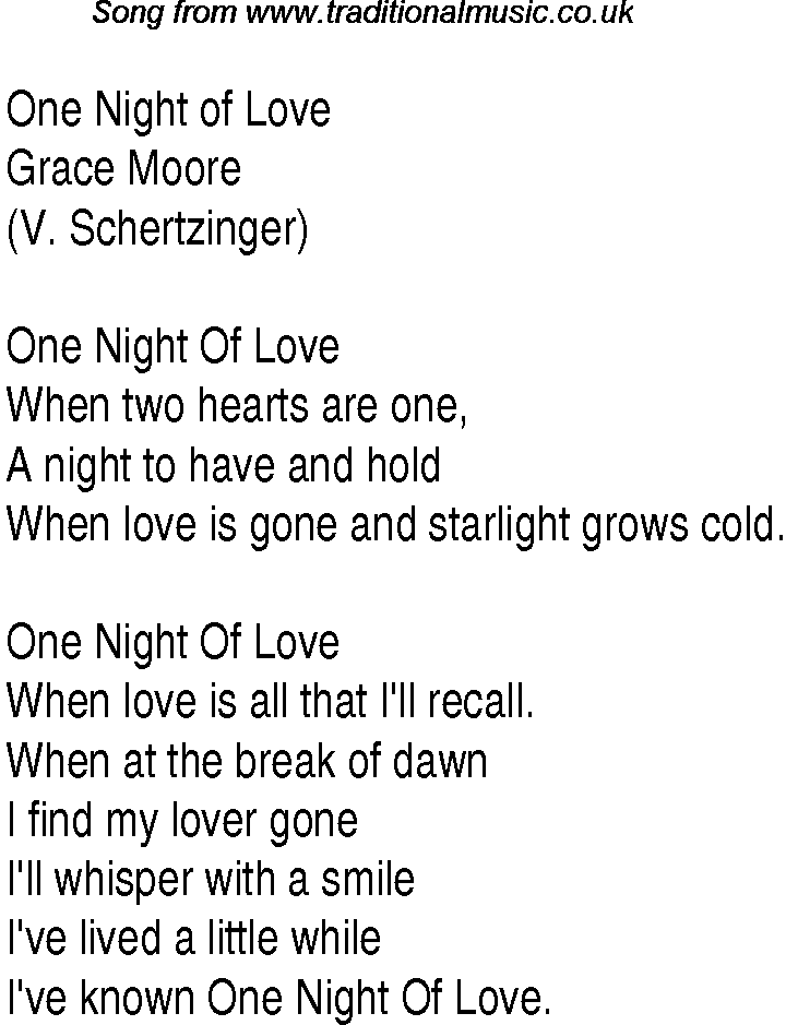 Music charts top songs 1934 - lyrics for One Night Of Love