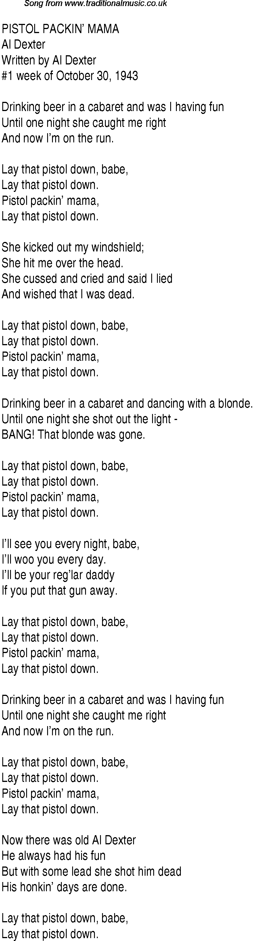 Music charts top songs 1943 - lyrics for Pistol Packin Mama