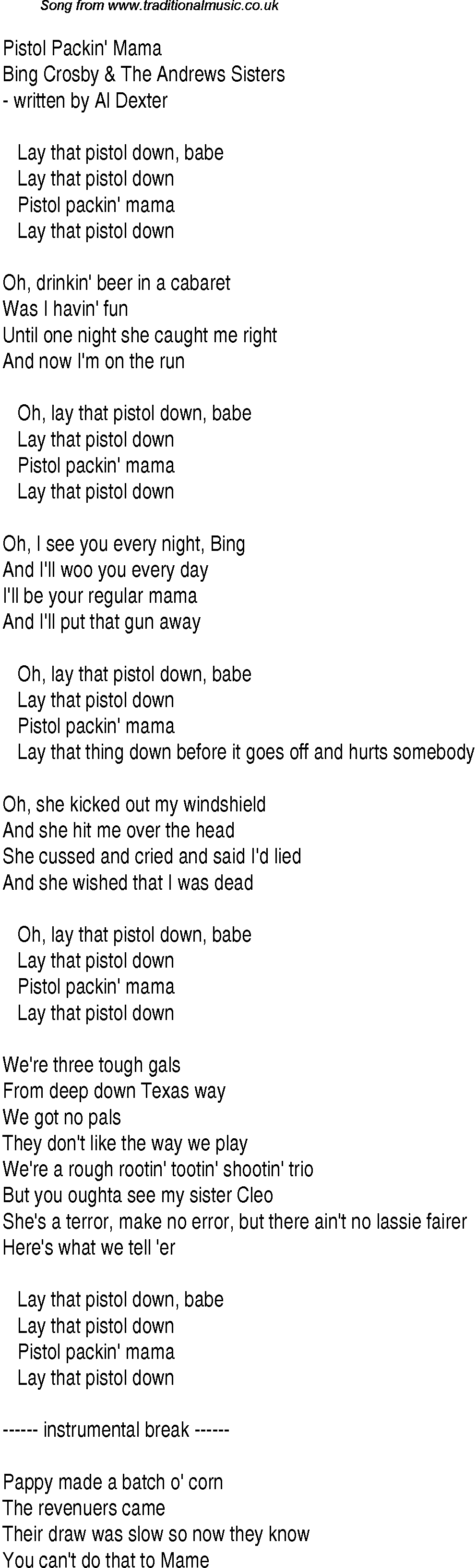 Music charts top songs 1943 - lyrics for Pistol Packin Mamaas
