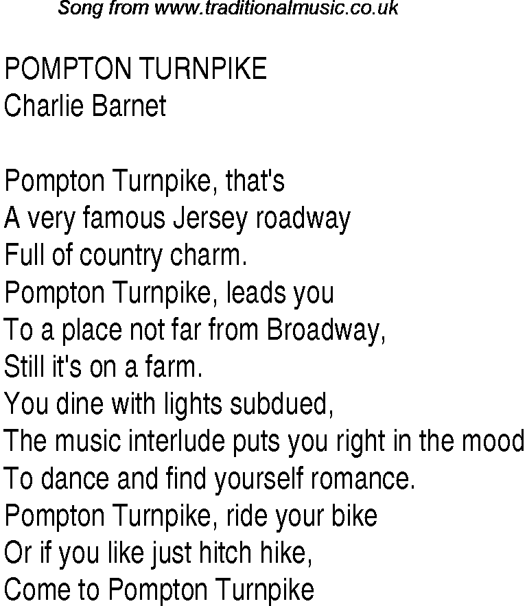 Music charts top songs 1940 - lyrics for Pompton Turnpike