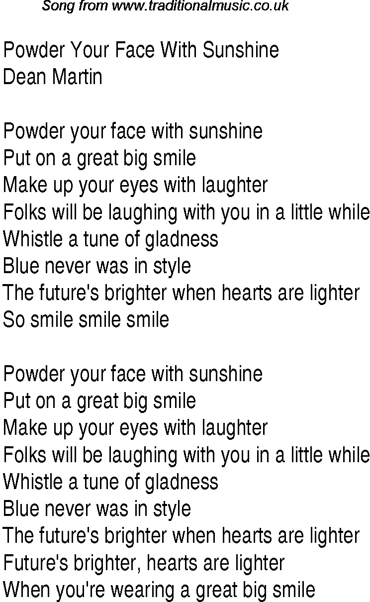 Music charts top songs 1949 - lyrics for Powder Your Face With Sunshinedm