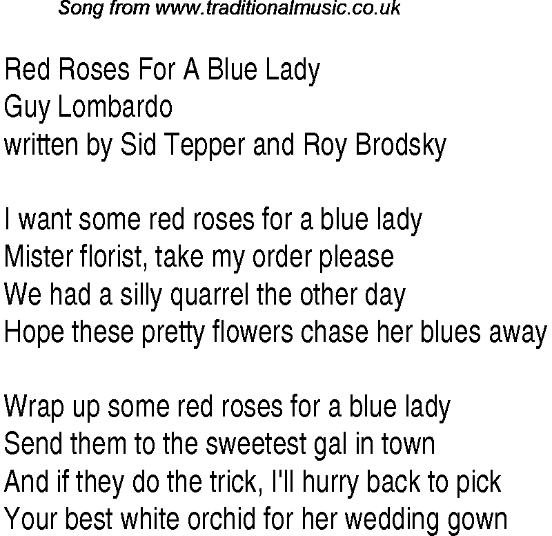 Music charts top songs 1949 - lyrics for Red Roses For A Blue Lady Gl
