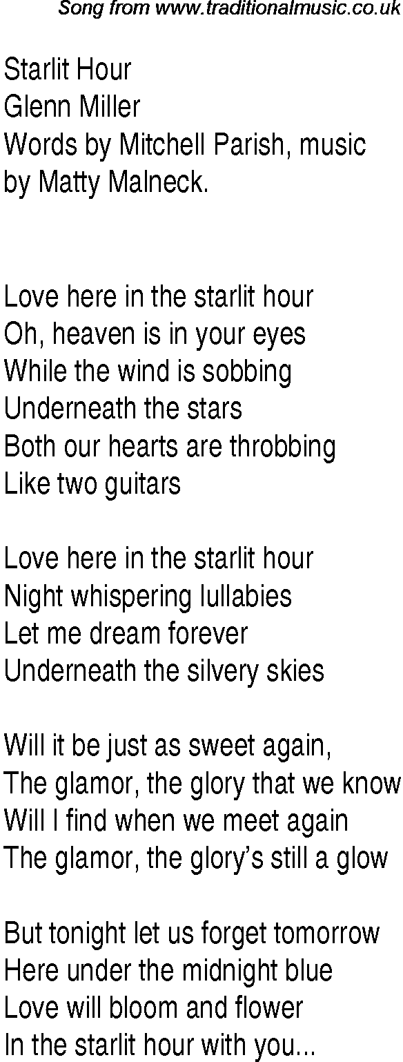 Music charts top songs 1940 - lyrics for Starlit Hour